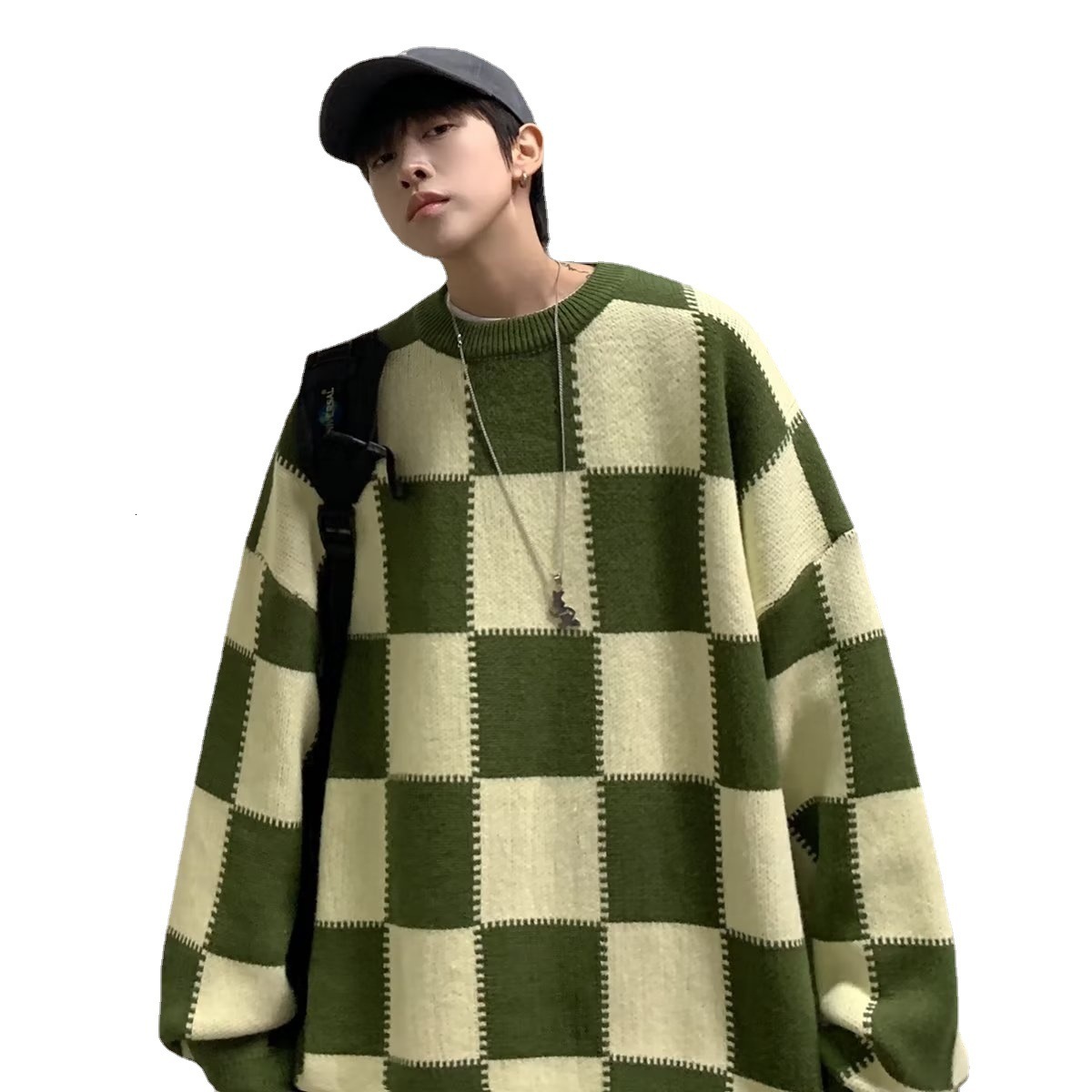 Men Sweaters Hong Kong style autumn and winter new checkered sweater mens round neck pullover knitted sweater Hong Kong style retro top Mens crew neck