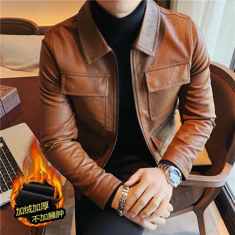 Winter Solid Color Leather Jacket Men Slim Fit Plus Velvet Thickened Motorcycle Bike Jacket Casual Streetwear Social OvercoatX240913