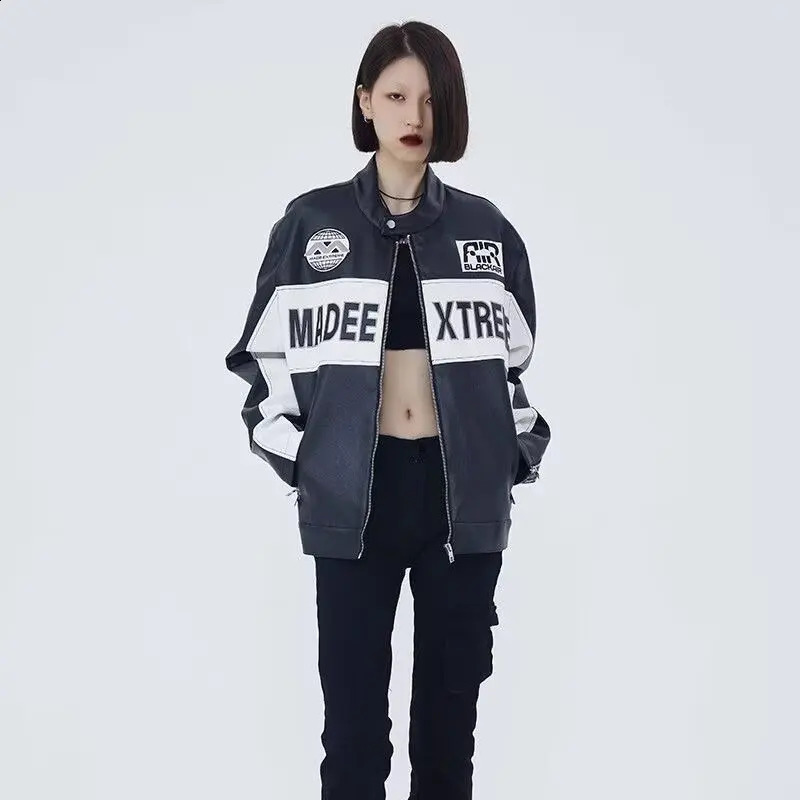 Hip Hop Baseball Jackets Men Women High Street Motorcycle Loose Bomber Coats Harajuku Retro Racing Varsity Jacket Y2K TOPS 240911