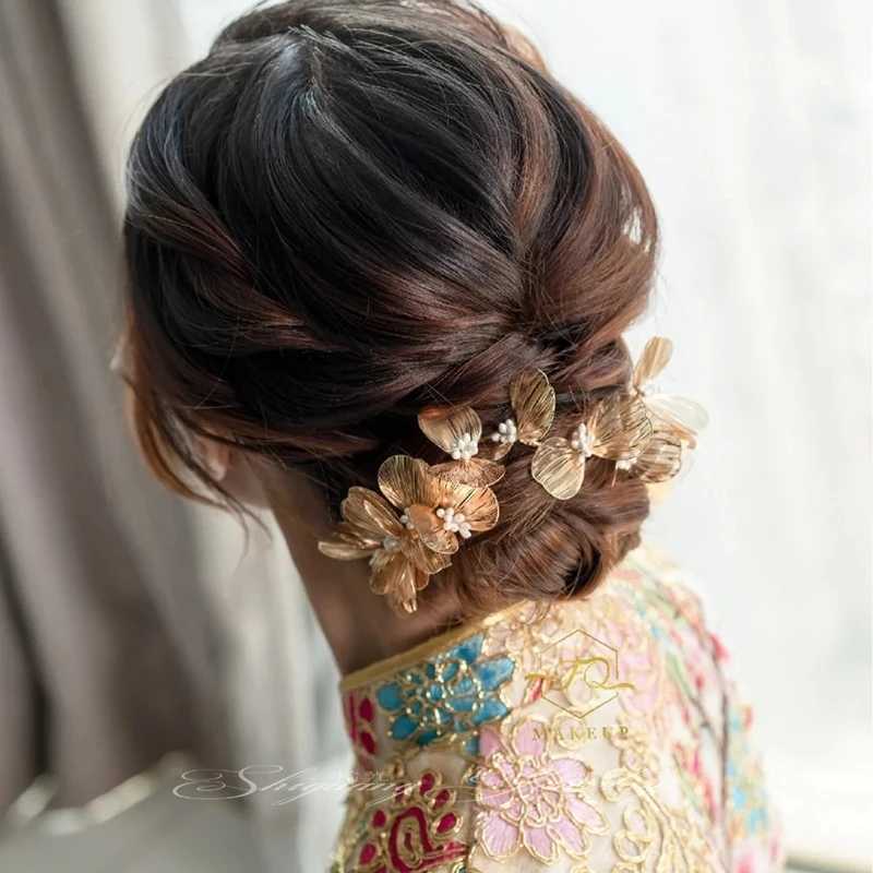 Golden Flower Hairband Bride Wedding Hair Accessories Luxury Metal Floral Crowns Beads Adjustable Tiaras Marriage Hair JewelryX240913