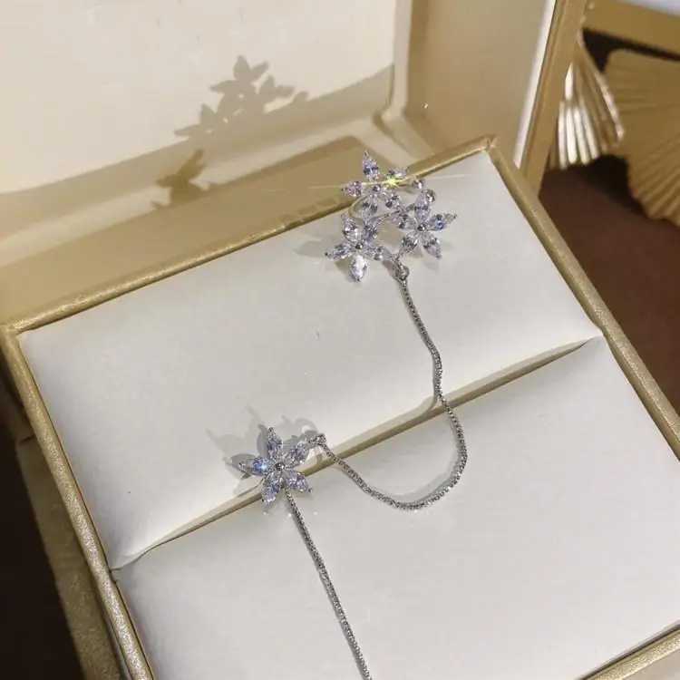 1pcs Retro Ear Bone Ear Clip Ear Thread Integrated Tassel Long Stud Temperament Flower 925 Silver Needle Clip Ear AccessoriesX240913