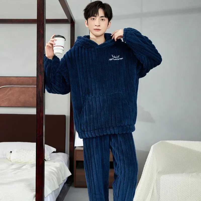 New Winter Mens Pajama Sets 2024 Thick Warm Hooded 2 Piece Homewear Set for Men Flannel Sleepwear Loose Long Sleeve Pajamas Men Y240913