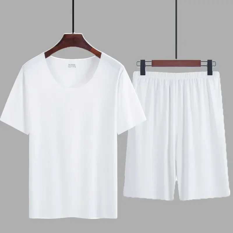 Seamless Suit Men Mens Clothing Casual Short Neck Pajamas Sleepwear For Crew Sets Wear Thin Summer Shorts Sleeve Home Y240913