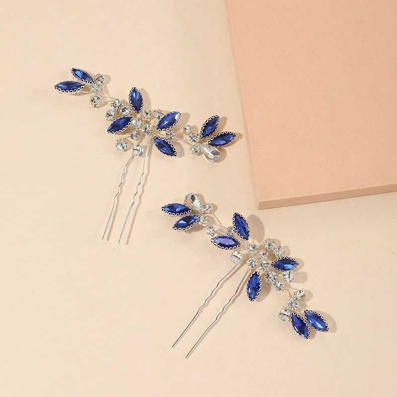 Blue Leaf Hairpin Wedding Hair Accessories For Women U-shaped Crystal Hair Clip Fork 2023 New Bride Hair Jewelry Marrige TiarasX240913