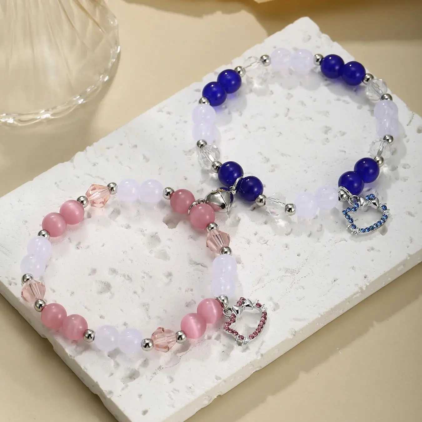 2 cute cat pendant heart-shaped magnetic bead elastic couple bracelet Bff trend jewelry gift W240913