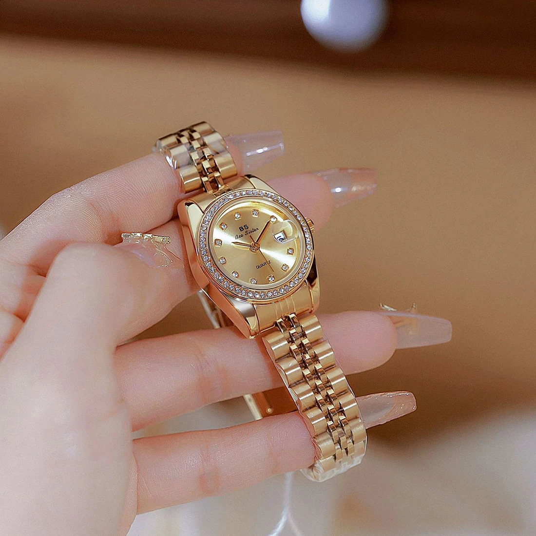 Original womens watch pink dial gold date quartz vintage elegance stainless steel gift 240912