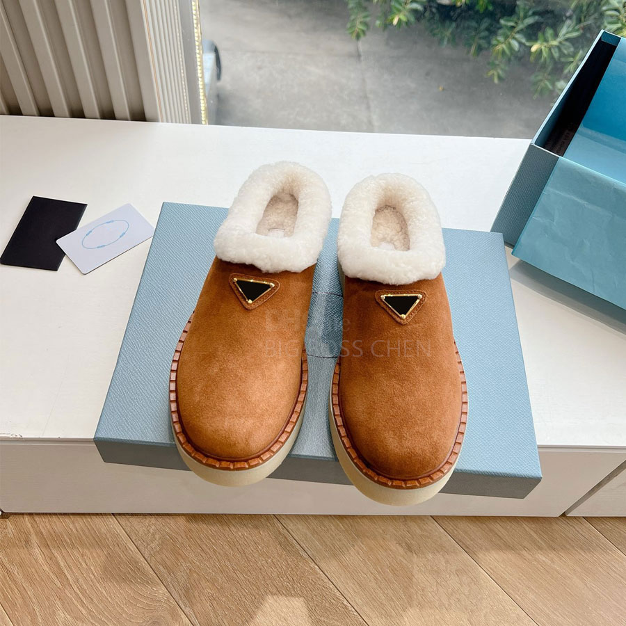 Top Quality Fashion Suede Platform Fur Fluffy Furry Slip On Warm Wool Snow Shearg Loafers Designer Winter Shoes With Box Factory