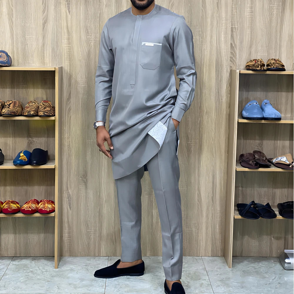 Kaftan Elegant African Mens Set 2 Pieces Outfits Long Sleeve Ethnic Tops and Pants Full Mens Suit Wedding Men Clothing 240911