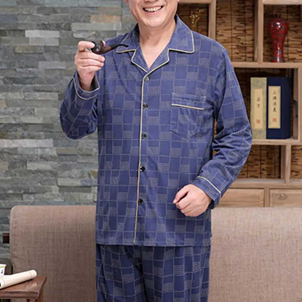 Men Pajama Set Mid-aged Fathers Spring Summer Pajamas Set with Long Sleeve Shirt Wide Leg Pants for Comfortable Homewear Y240913