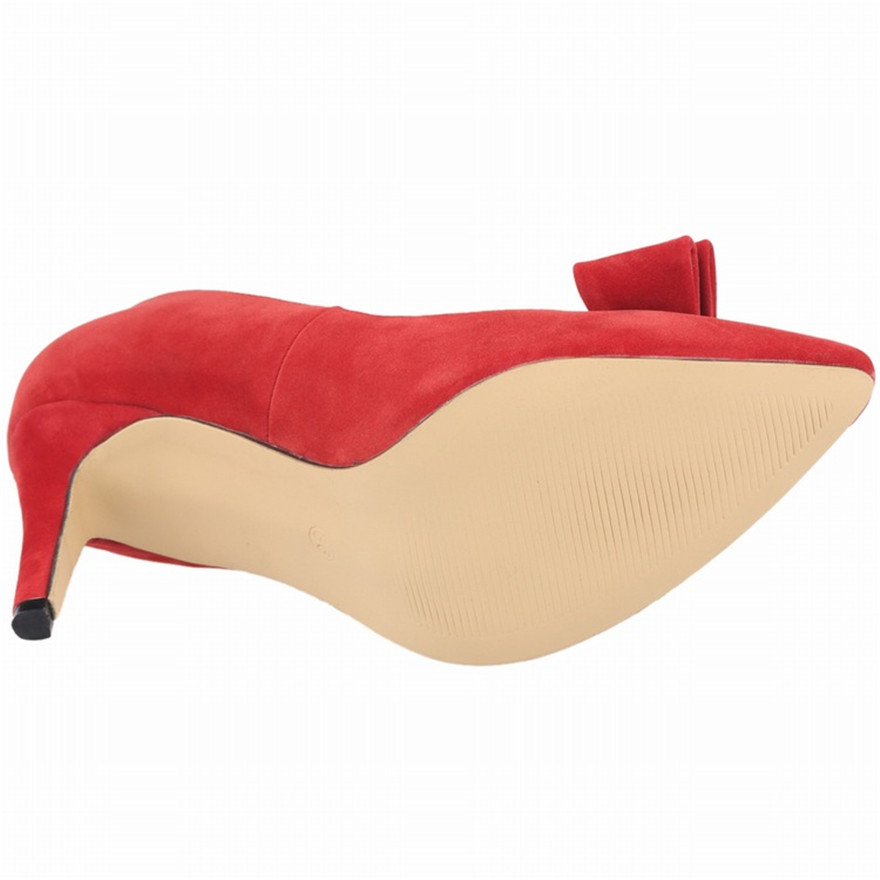 Sweet Bowknot Shallow Women Shoes New Autumn Pointed Toe High Heels 8CM Pumps Female Solid Flock Red Black Lady Work Bride Shoes