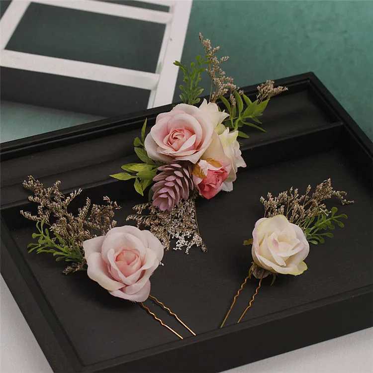 Bride Handmade Headdress Dried Flower Hairpin Simulation Rose Flower Wedding Hair Accessories Seaside Photography Head FlowerX240913