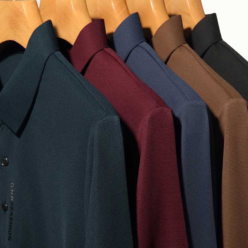 New mens long sleeved polo shirt for autumn 2024 business casual slim fit elastic top fashion classic solid color mens brand T-shirt W250414
