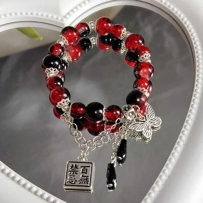 Chinese style red bead bracelet female blessing butterfly Tassel chain pendant bracelet Gothic jewelry accessory gift W240913