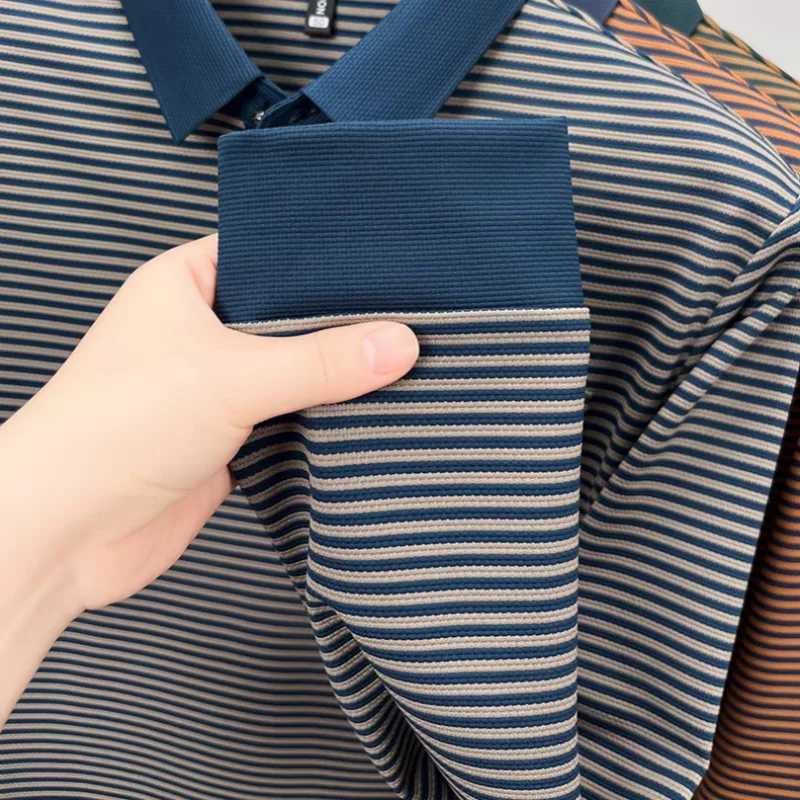 High end luxury brand mens polo shirt 2024 autumn fashion striped pocket ice silk long sleeved casual trend lapel mens clothing W240913