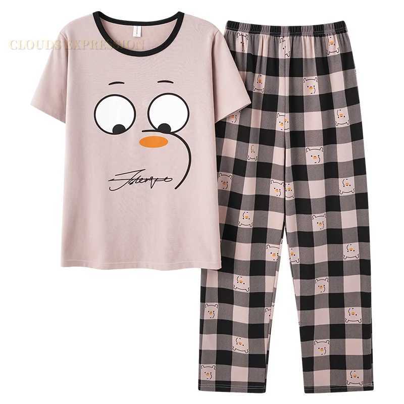 Summer Big 4XL Couple Pijama Knited Cotton Matching Pajamas Sets Long Pant Sleepwear Pyjamas Night Suits Pijamas Size Homewear Y240913