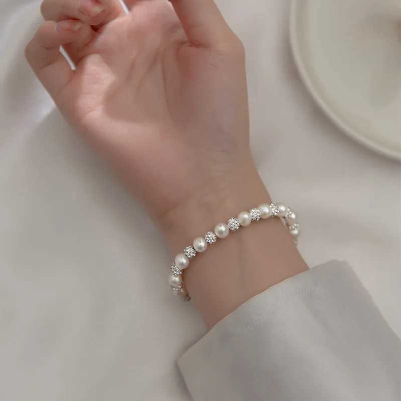 Natural freshwater pearls 5-6mm flat round pearl bracelet zirconia ball 925 sterling silver fashionable jewelry gift W240913