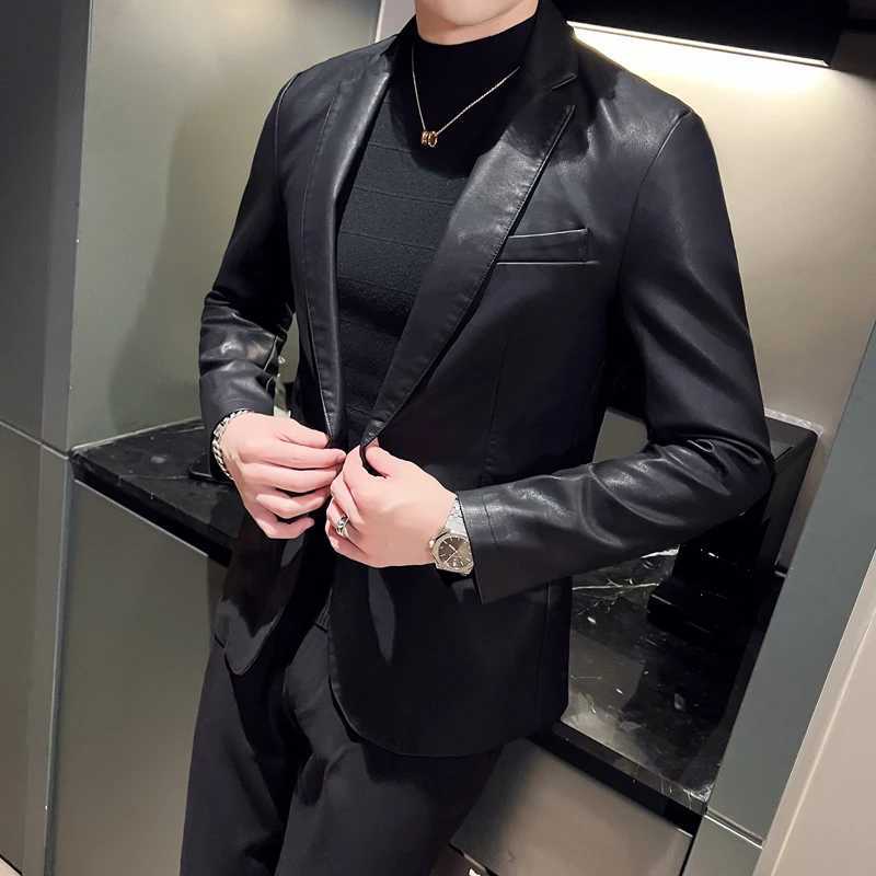 Mens PU Jacket with Suit Collar Faux Leather Jacket Mens Leather Jacket Suit Collar Fashion Urban Business Casual SuitX240913