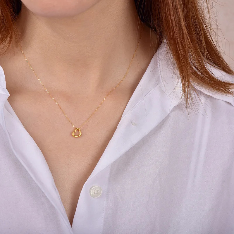 Real 24K Gold Pure AU999 Heart Pendant Necklace Minimalist Fashion Fine Jewelry Gift for Women PE010 240906