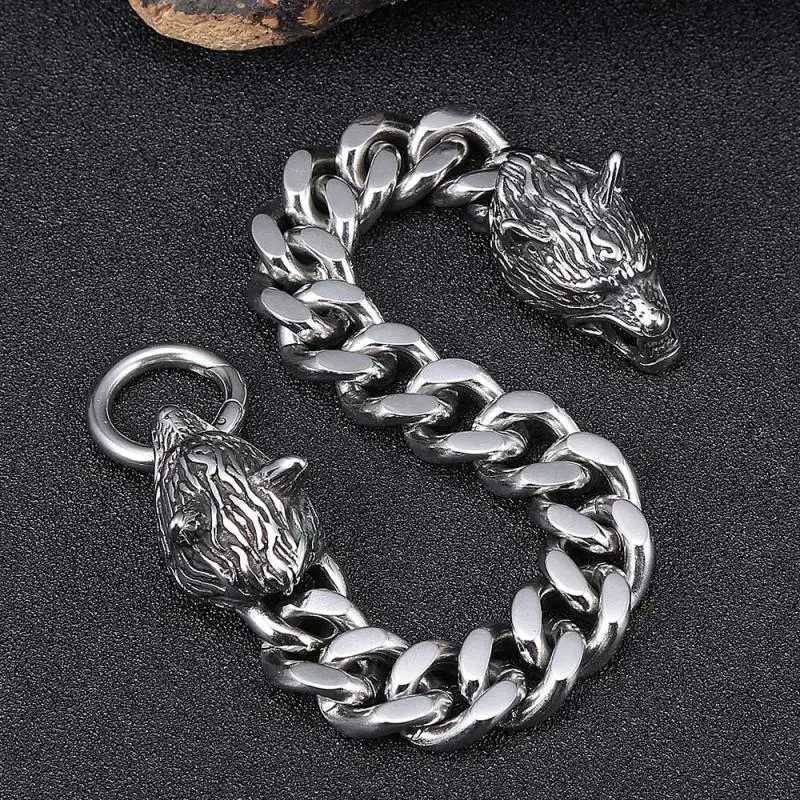 Punk Domineering Fierce Double Wolf Head Bracelet Cuban Chain Mens Personality Rock Trend Party Jewelry GiftX240913