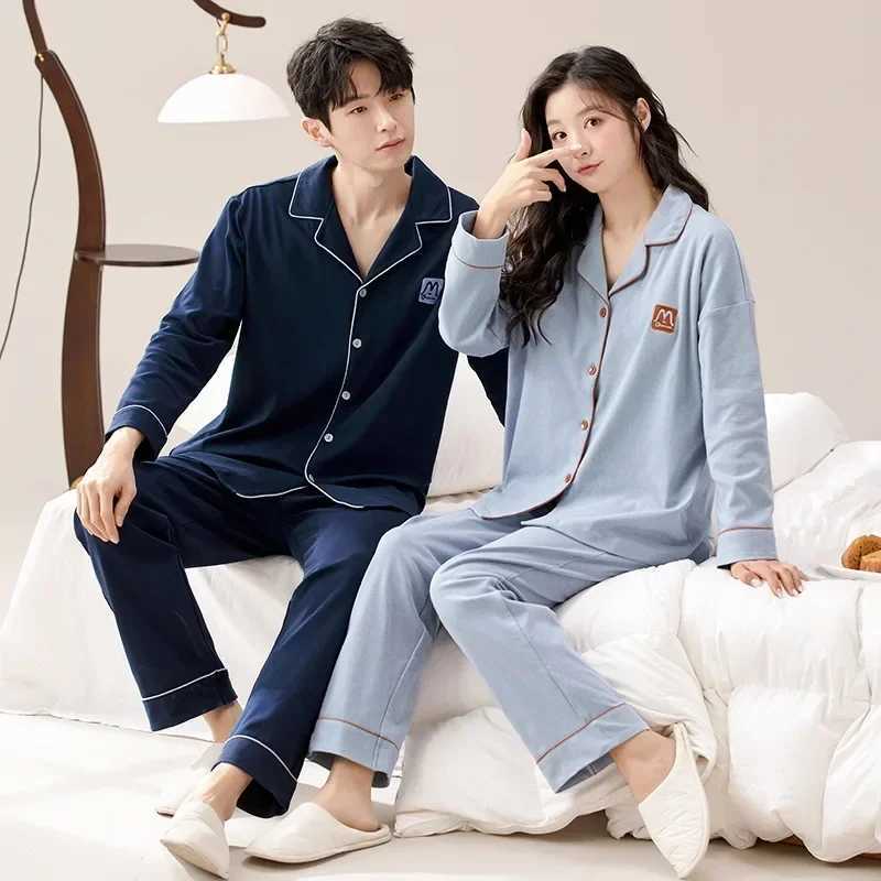 Autumn Cotton Pajama Set Solid Home Clothes For Couples Men Women Long Sleeve Bedwear Cardigan Sleepwear Female Male Pjs Pyjamas Y240913