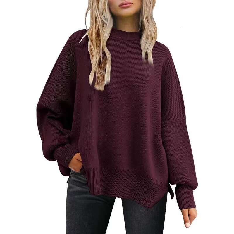 Women's round neck batwing long sleeved 2023 autumn knitted side slit pullover sweater for women
