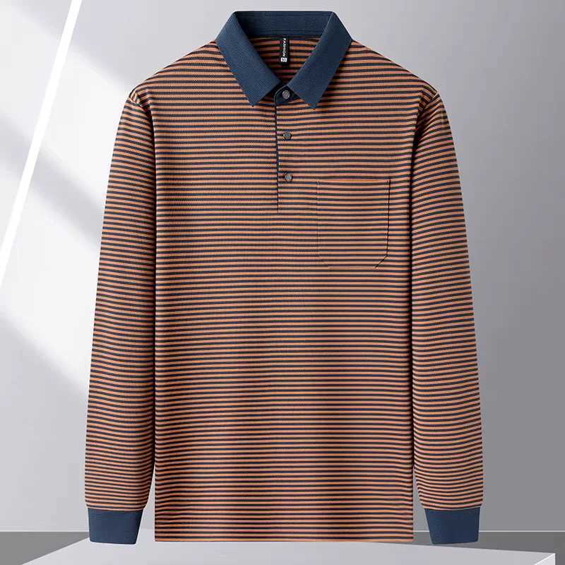 High end luxury brand mens polo shirt 2024 autumn fashion striped pocket ice silk long sleeved casual trend lapel mens clothing W240913
