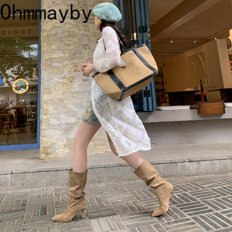 Heel High Women Western Cowgirl Boots Fashion Pointed Toe Shoes Autumn Winter Ladies Knight Mid Calf Booties b506