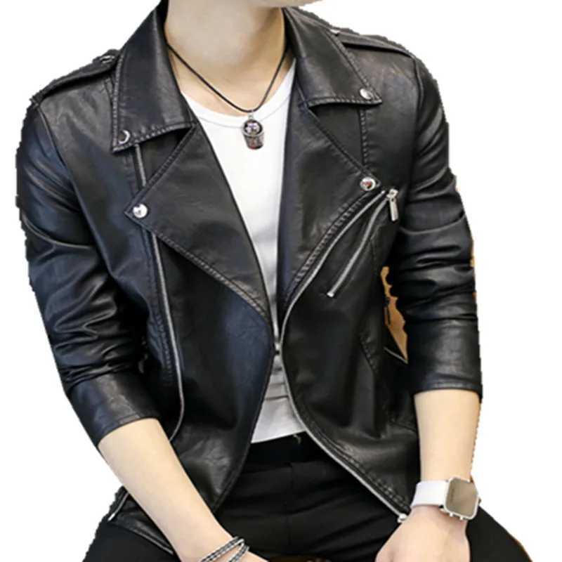 Mens Leather Jackets Men lapel Collar Coats Male Motorcycle Leather Jacket Short belt jacket Casual Slim Brand ClothingX240913