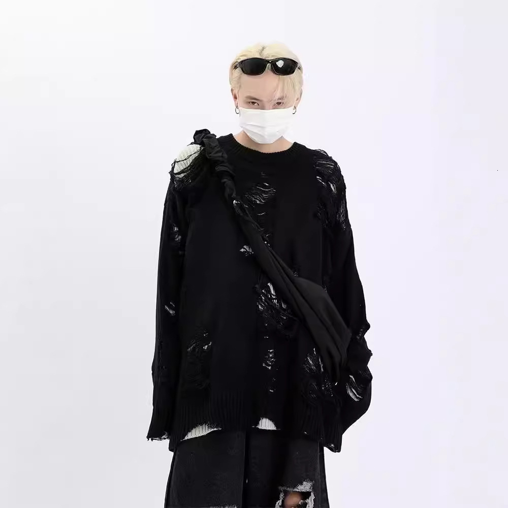 Halloween Men Sweaters Shabby style Fake two sweaters for men in winter thick and perforated trendy knitted sweater lazy style Mens crew neck sweater