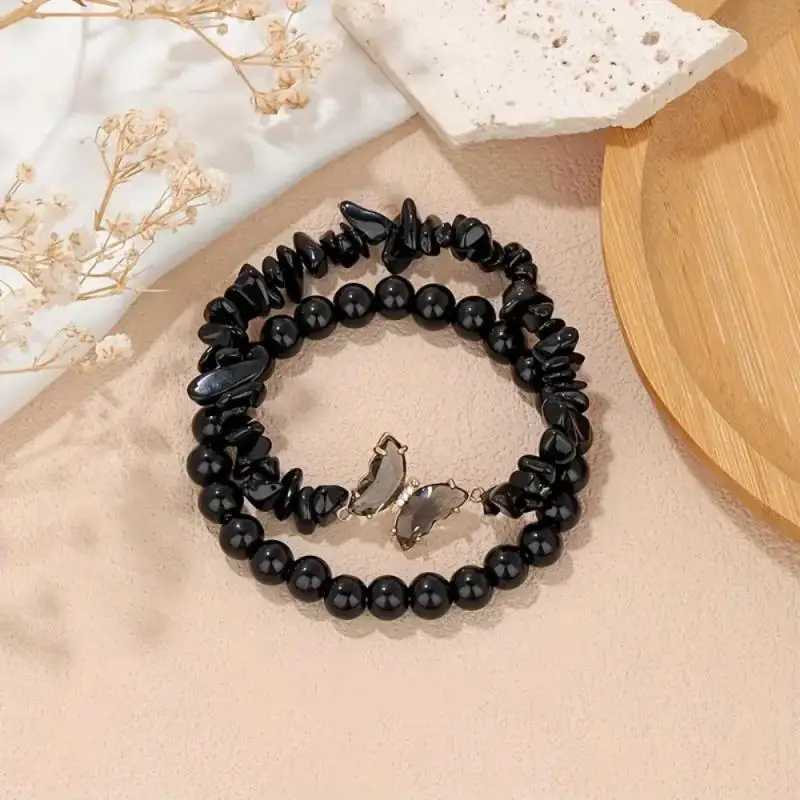 2-piece set of sromantic amethyst obsidian quartz bead butterfly bracelet for women elastic bracelet with positive energy for daily commuting W240913