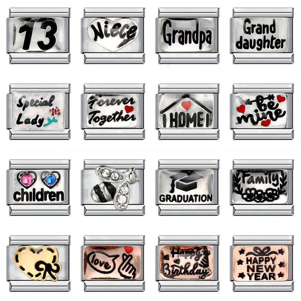 English Combination Titanium Steel Gold-Plated Drip Oil DIY Module Bracelet Italian Charm Brass Charm Links Stainless Steel Fit 9Mm Bracelet Jewelry M