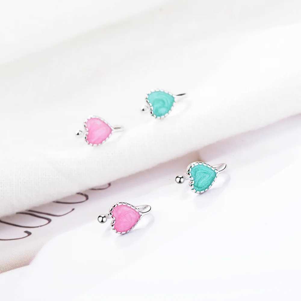 Cute Small Pink/Green Heart 925 Sterling Silver Ear Cuff Clip on Earrings For Women Girls Children Baby Kids Jewelry Aros AretesX240913