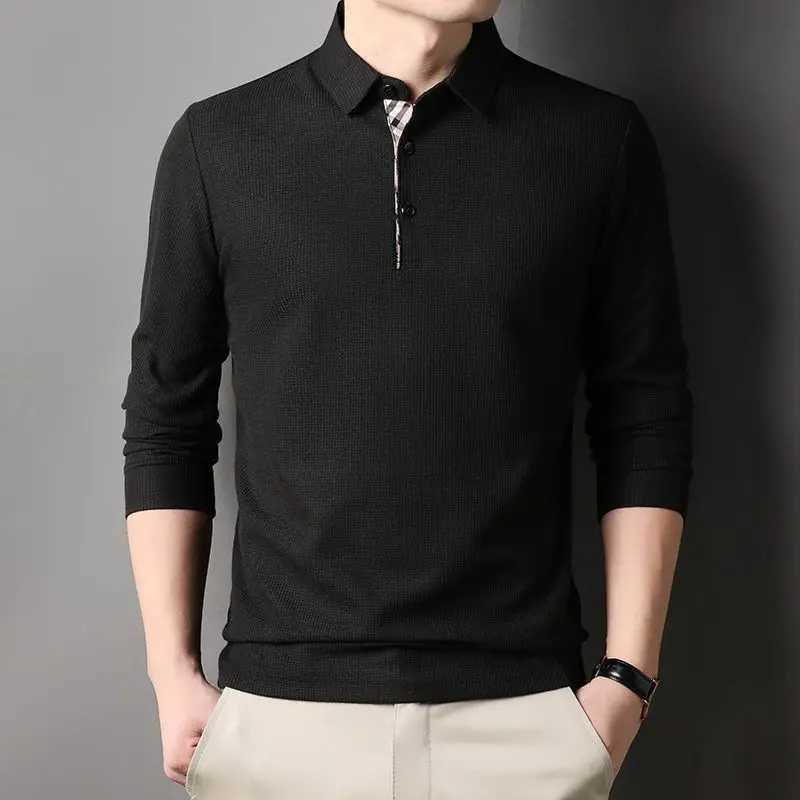 Spring and Autumn mens loose long sleeved polo shirt casual lapel plain weave business collar T-shirt top W240913