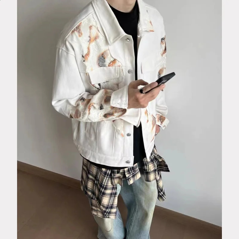 Mens Color Blocked Denim Jacket Spring Y2K American Street Lace Patchwork Loose Cowboy Coats Trend Unisex Outwear 240913