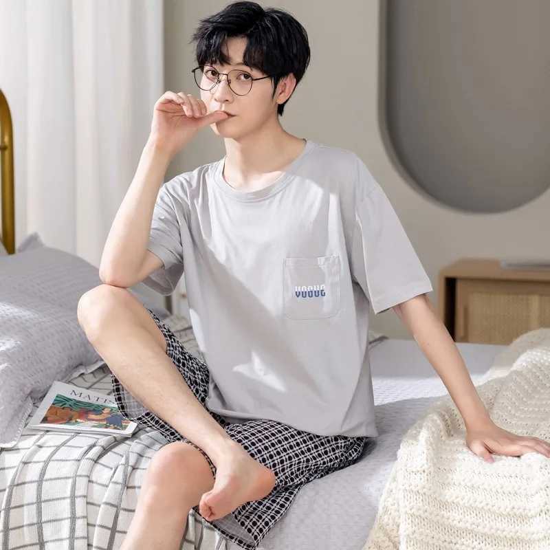 New Arrival Pajamas Mens Cotton Short-sleeved Summer Mens Teen Homewear 2-Piece Suit Breathable Casual Loungewear Homme Y240913