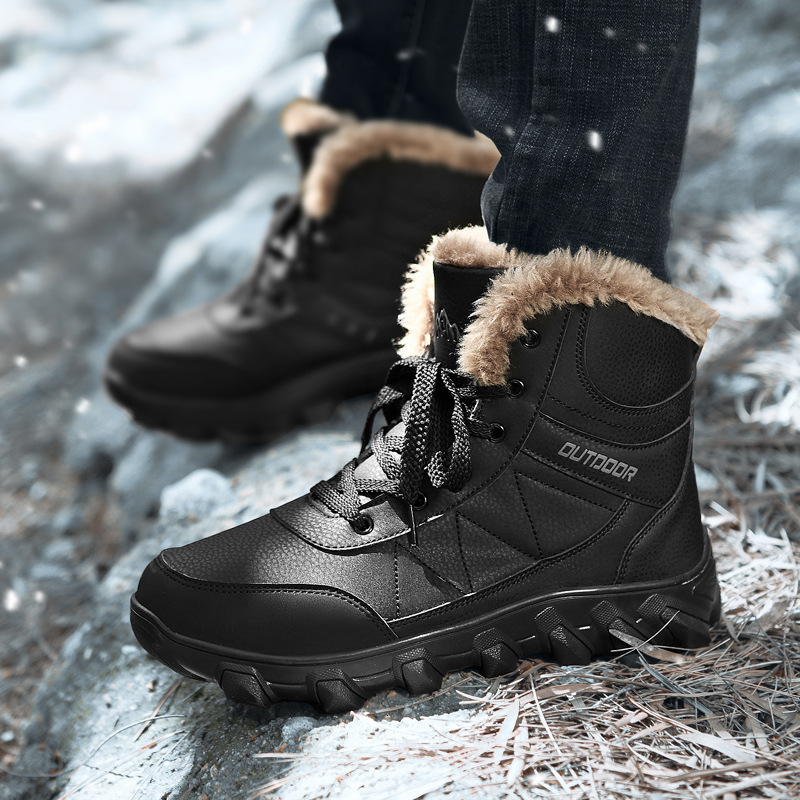 High top lace up plus size cotton shoes men in winter with plush insulation, snow for leisure, Northeast outdoor hiking boots