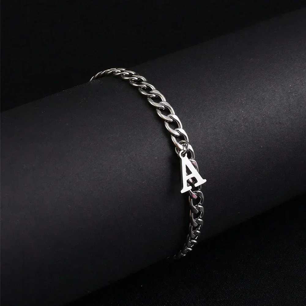 Silver Color A-Z Initial Bracelets for Men Women Never Fade Stainless Steel Cuban Chain Bracelet with 26 Letter AlphabetX240913