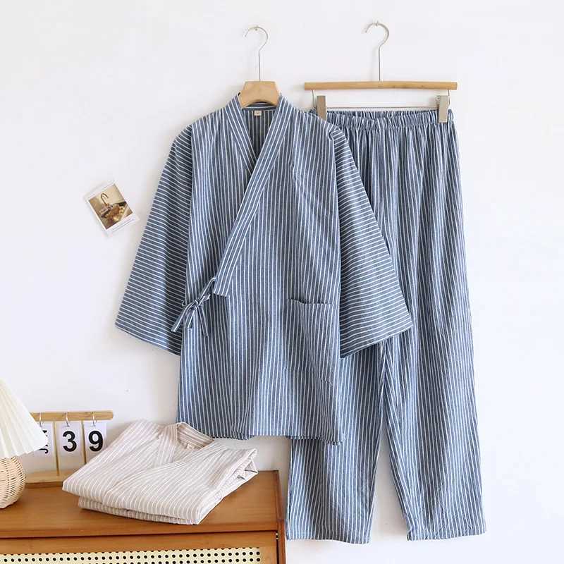 Striped Design Kimono Robes Set Pajamas for Mens Sleepwear Cotton Loose Oversized Long Pants Thin Sweat Steamed Home Clothes Y240913