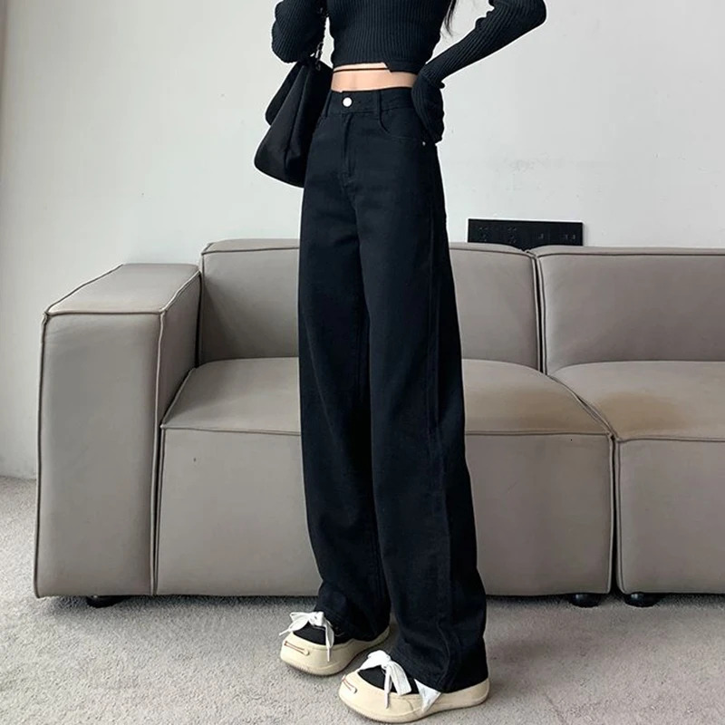 Woman High Waist Slim Fit Wide Jeans Female Y2k 2000s Casual Straight Leg Pants Girls Fashion Black Loose Denim Trouserse2024