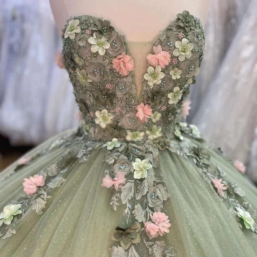 Sage Ball Green Shiny Gown Dresses Sweetheart D Ral Beads Brithday Dance Party Vestidos De Quinceanera