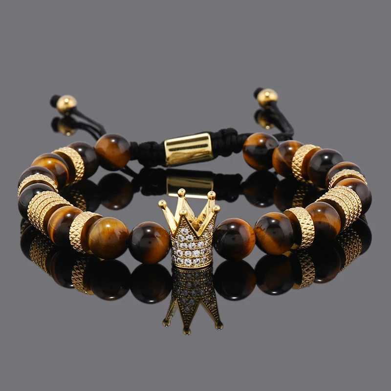 Luxury natural stone bead stainless steel crown charm mens bracelet women handmade jewelry gift W240913