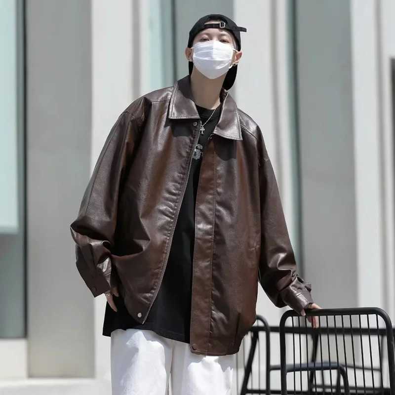 Hong Kong Style Leather Jacket Men Loose Fitting Mens Clothing Trendy Brand PU with Lapel Collar Coats Spring Autumn SeasonsX240913