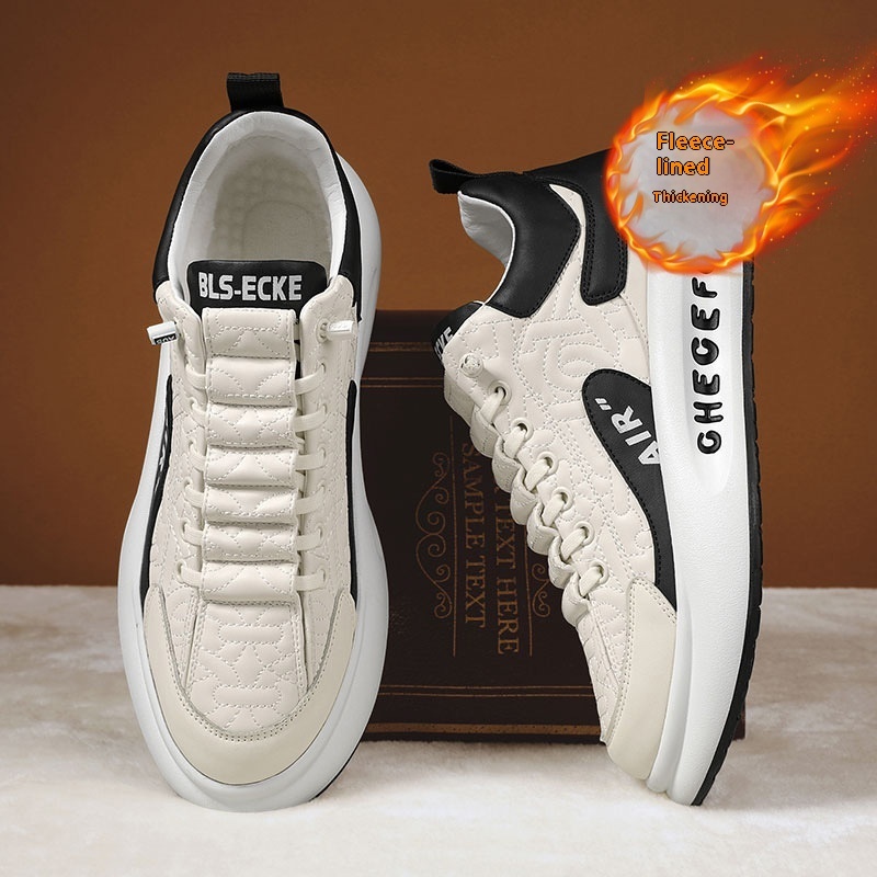 Leather low cut ankle sports for students, outdoor men, thick soled casual shoes, autumn and winter new styles, with plush warm cotton shoes