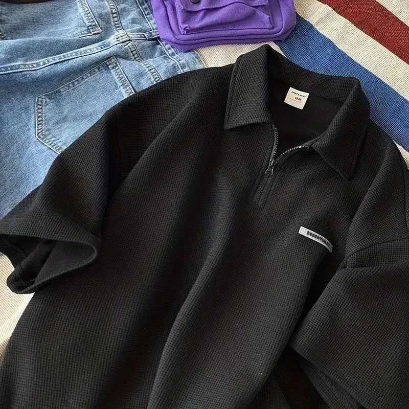 Fashionable half zipper mens summer T-shirt Hong Kong style long sleeved polo shirt casual loose mens top W240913