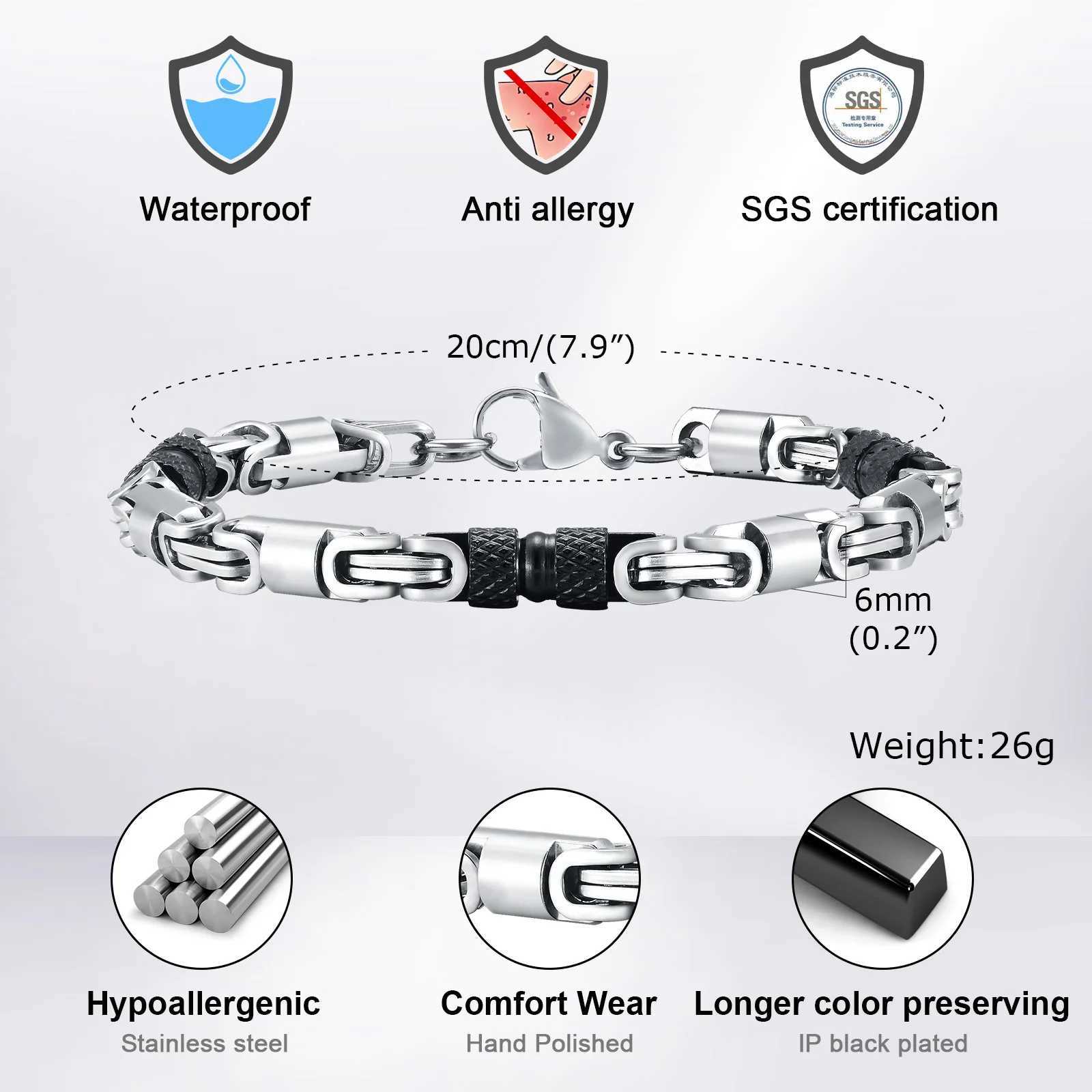Vnox 6mm Cool Byzantine Bracelets for Men Boys Black Silver Color Stainless Steel Link Chain WristbandPunk Rock Hiphop JewelryX240913