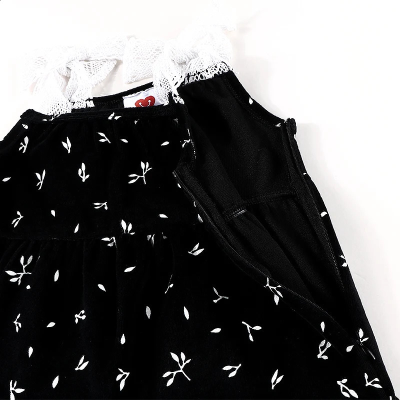 3T-20T Toddler Girls Maxi Dress Girl Lace Tie Shoulder Sleeveless Overall Dress Black Velvet Winter Robe DressSuspender Skirt 240906