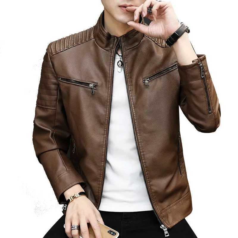 Autumn Winter Stand Collar Loose Casual PU Lether Jacket Male Add Velvet Warm Zipper Coat Men Trend Fashion Cardigan Top OutwearX240913