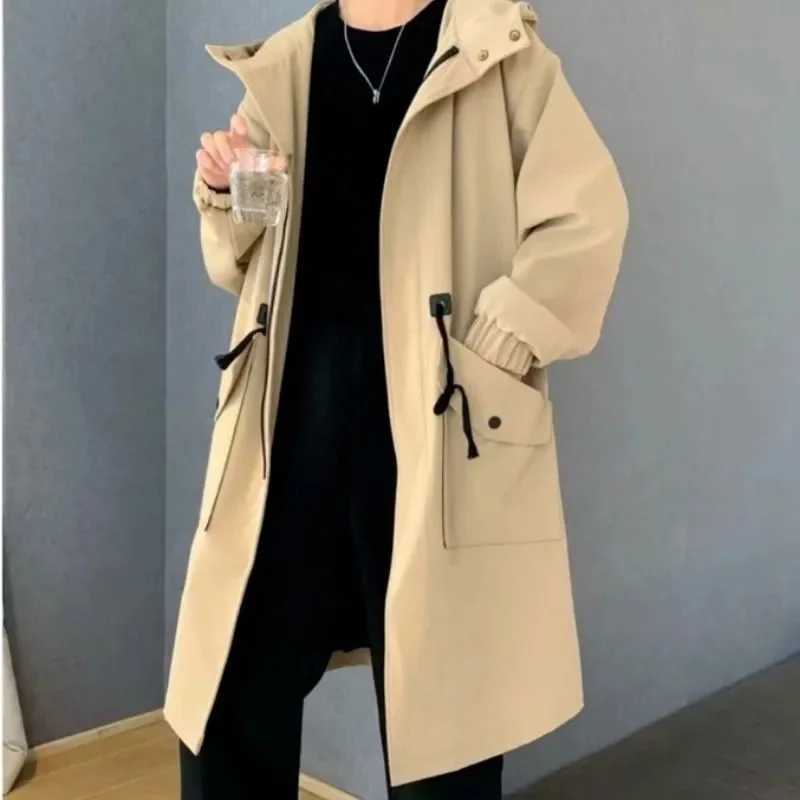 2023 Spring Autumn Army Green Windbreaker Fashion Men Mid-length Casual Hooded Coat Men Daily High Street Overcoat Male Clothes Y240913