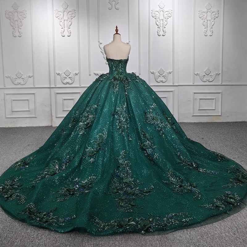 Blackish Green Shiny Off The Shoulder Ball Gown Quinceanera Dresses Birthday Party Applique Flower Beads Tull Sweet 16 Dress Vestidos 15 De Anos