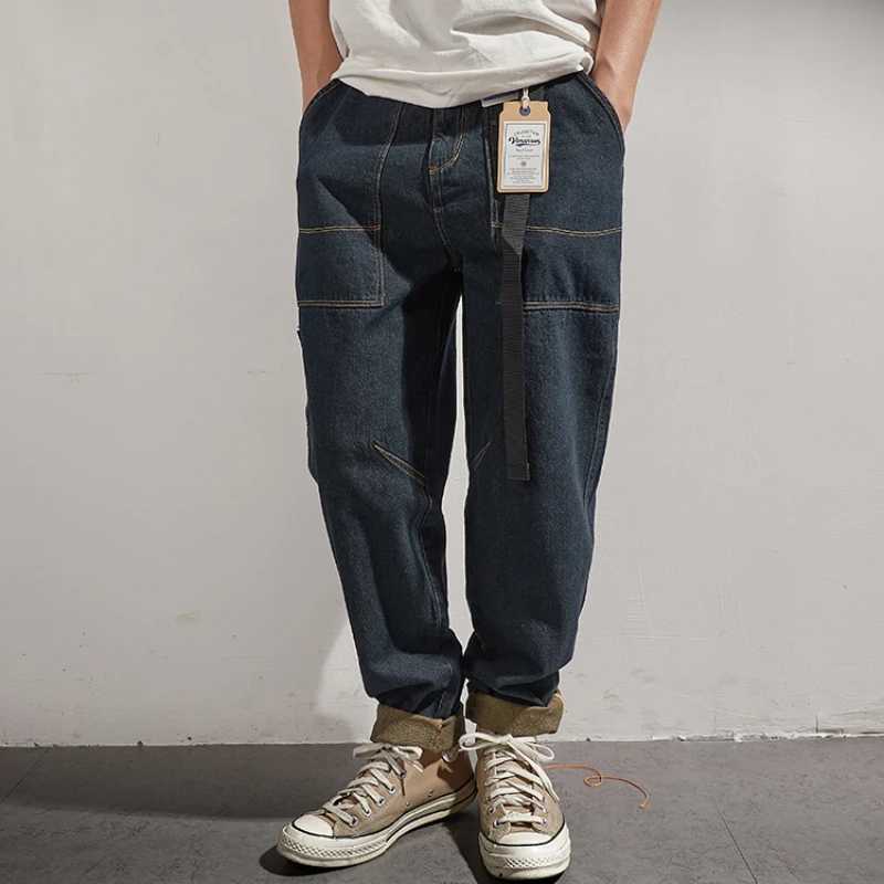 Retro work jeans in autumn mens loose multi-bag straight trousers M240912